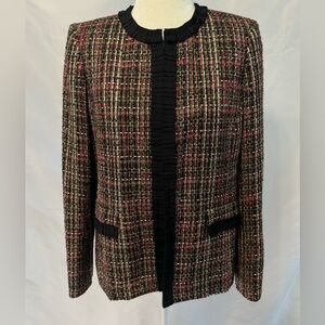 Kasper Black Red Gold Tweed Ribbon Suit Jacket Open Front Blazer